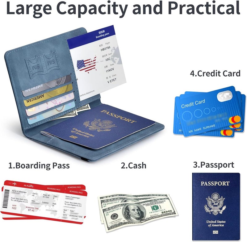 KAOBAN Passport Holder, Passport Cover with Credit Card Slot and Boarding Pass Slot Combo, Passport Wallet Case Book Travel Must Have, RFID Blocking Leather Travel Accessories, Marine Blue - Image 4